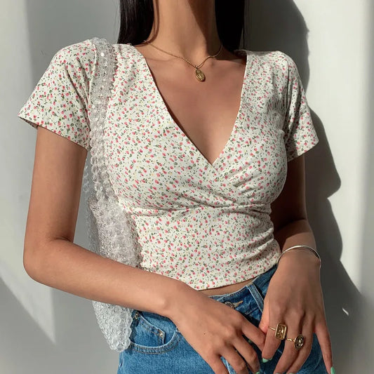 retro floral V-neck short-sleeved T-shirt